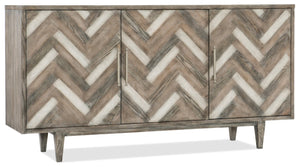Hooker Furniture Melange Chevron Media Credenza — Distressed Maple Oak Cherry Veneers, Ventilated Back, Pewter Pulls (70") 638-85389-MWD