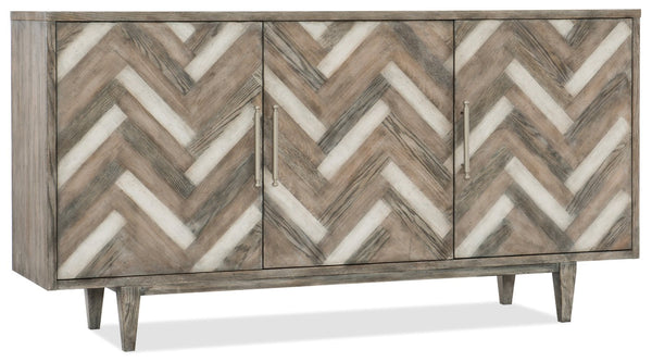 Hooker Furniture Melange Chevron Media Credenza — Distressed Maple Oak Cherry Veneers, Ventilated Back, Pewter Pulls (70") 638-85389-MWD