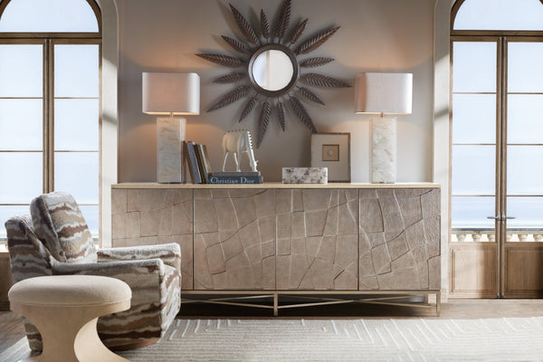 Hooker Furniture Westwood Polished Limestone Credenza With Venetian Dawn Silver‑Leaf Doors, Media‑Ready Storage & Metal Base 6133-55490-80