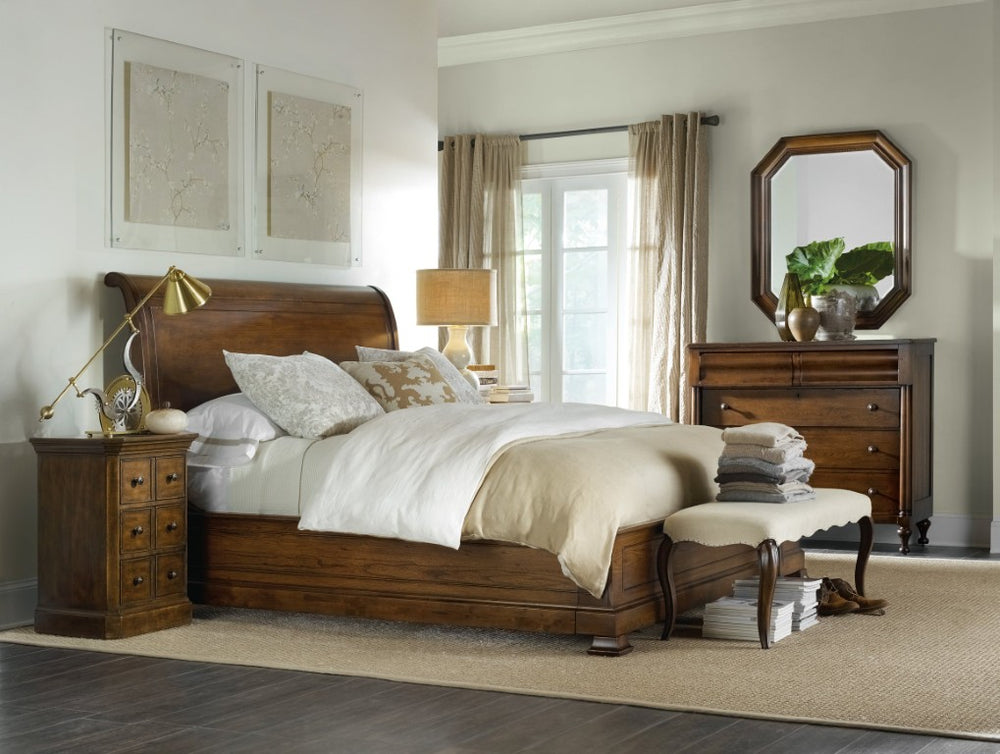 Hooker Furniture Archivist Queen Sleigh Bed With Low Footboard — Pecky Pecan Finish, Distressed Vintage Library Elegance 97.25 L x 84.25W x 56.25H 5447-90466B