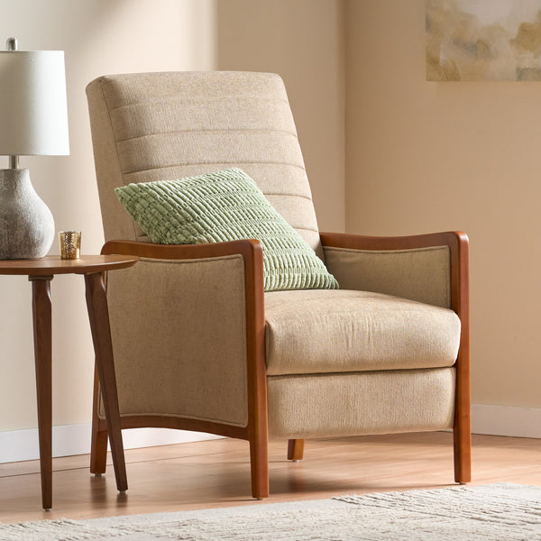 English Elm Christopher Knight Home® - Mid Century Modern Sand Fabric Recliner with Channel Stitch & Birch Wood Frame, Pushback Comfort 70451.00FSND