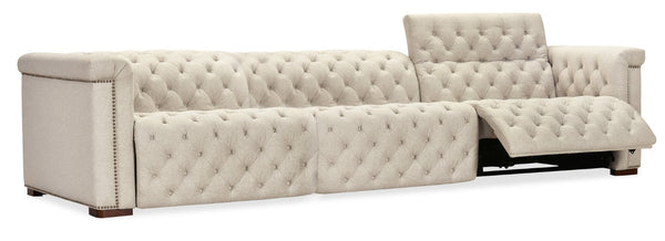 Hooker Furniture Savion Chesterfield 3-Seat Sofa In Aries Beach Performance Fabric With Power Headrests & Trim 43.00 L x 126.00W x 28.75H SS435-3PC3-414