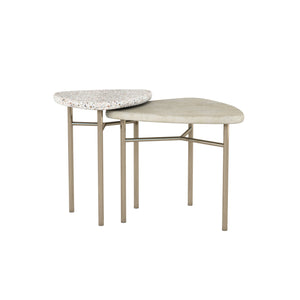 A.R.T. Furniture Cotiere Contemporary 2-piece Bunching End Tables With Terrazzo & Wood Tops, Bronze Metal Base Beige Parawood Solids,Mixed Split Cathedral Quarter,White Oak Veneer,Terrazzo Stone,Metal 299365-1243