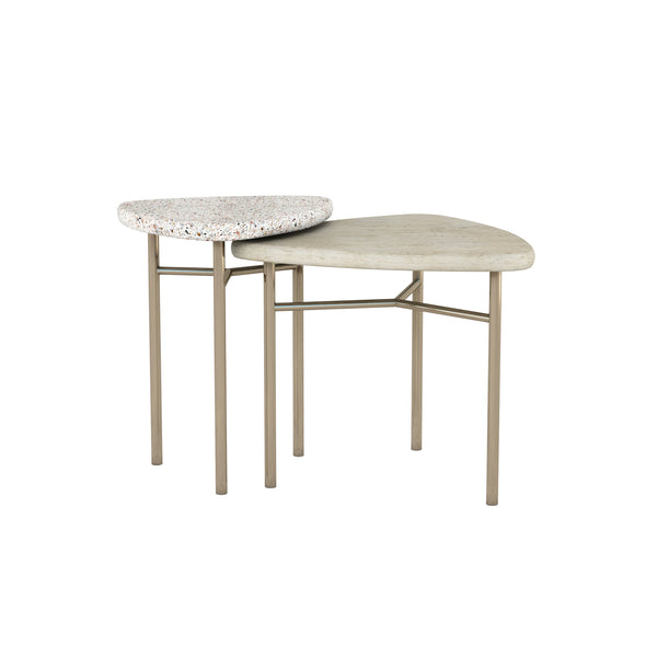 A.R.T. Furniture Cotiere Contemporary 2-piece Bunching End Tables With Terrazzo & Wood Tops, Bronze Metal Base Beige Parawood Solids,Mixed Split Cathedral Quarter,White Oak Veneer,Terrazzo Stone,Metal 299365-1243