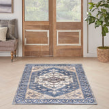 Nourison Brilliance Machine Washable WSB03 Machine Made Power-loomed Ornamental Border Indoor Only Vintage Bohemian Rug Denim, Denim 100% Polyester 99446914200