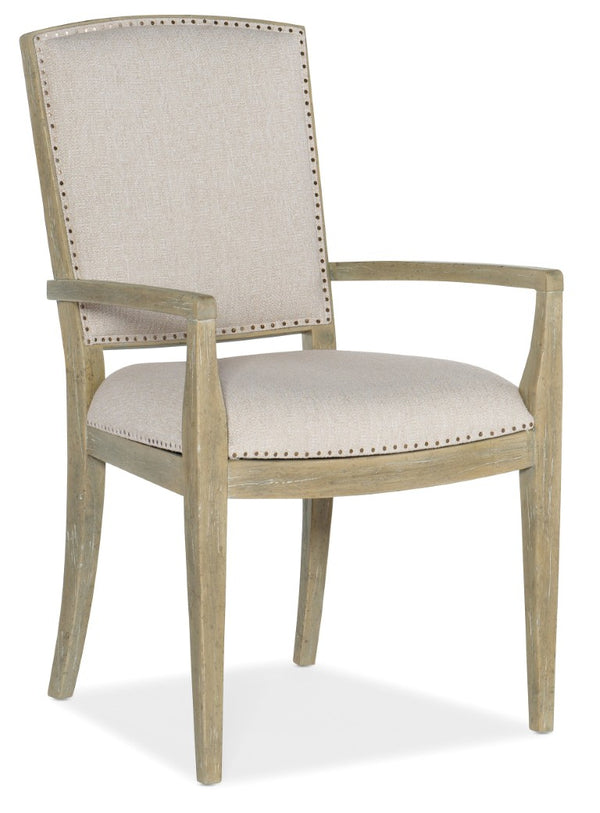Hooker Furniture Surfrider Carved Back Arm Chair — Driftwood Finish, Zuri Cream Performance Upholstery, Nailhead Trim 6015-75401-80