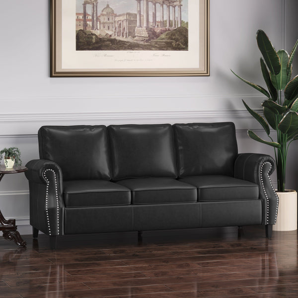 English Elm 3 Seater Pu Leather Sofa with Nailhead Trim Tapered Birch Legs for Modern Living 71405.00PUMDNT