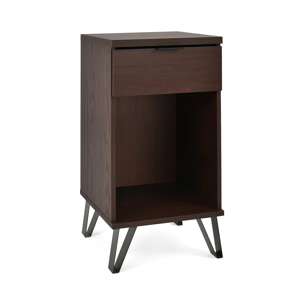 English Elm Christopher Knight Home® - 1 Drawer Tall End Table Walnut MDF Nightstand with Drawer & Shelf, Industrial Matte Black Legs, Compact Stylish Storage 68976.00