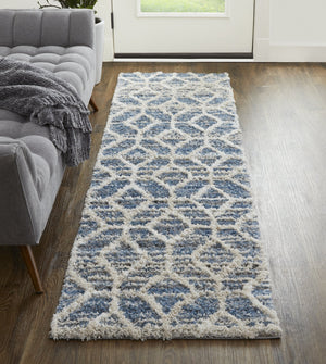 Feizy Rugs Mynka High Pile Geometric Area Rug - Pet-friendly, Stain Resistant, Ideal For High Traffic Spaces Blue,Ivory Polyester Myn39icfblu000i68