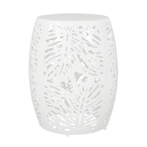 English Elm Metal Cylindrical Accent Table Powder Coated Iron with Tropical Palm Leaf Lattice Design White 73613.00WHI
