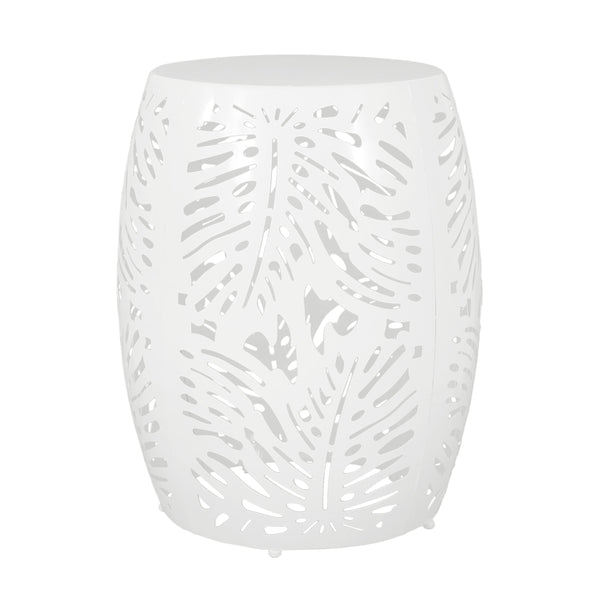 English Elm Metal Cylindrical Accent Table Powder Coated Iron with Tropical Palm Leaf Lattice Design White 73613.00WHI
