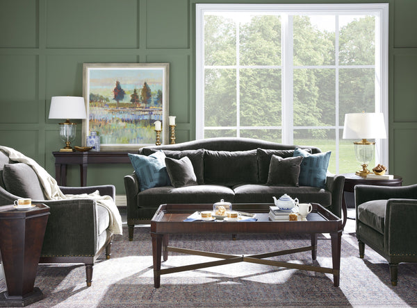 A.R.T. Furniture Magritte Accent Chair In Charcoal Velvet With Aged Brass Trim & Stylish Camel Back Design Grey Rubberwood Solids,Foam,Fabric,Metal 528503-1730aa