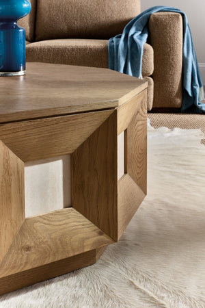 Hooker Furniture Commerce Decagon Cocktail Table With Marble Insets, Oak Finish & Plinth Base For Modern Luxe Rooms 7228-80237-80