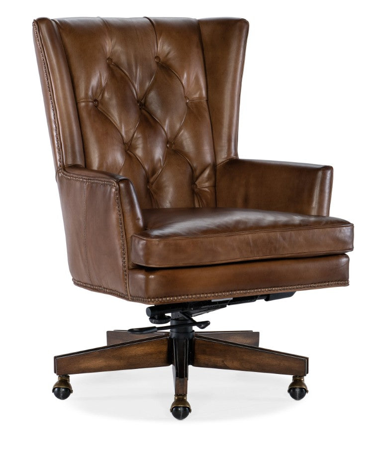 Hooker Furniture Finley Executive Chair: Diamond-Tufted Top-Grain Aniline Leather, Brass Nailhead Trim, Swivel Casters EC109-083