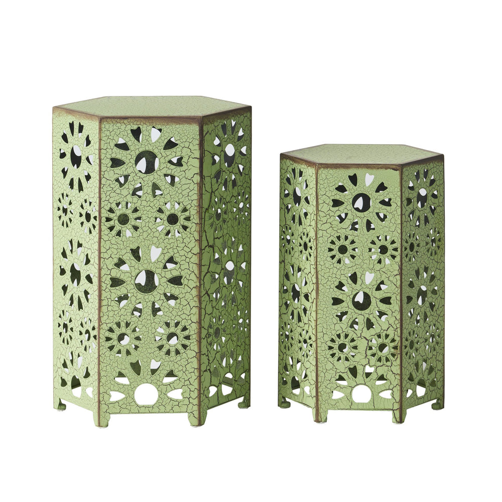 English Elm Eliana Outdoor Iron Nesting Side Tables with Sunburst Cutout and Crackle Finish Patio Accent Set Green 69740.00CGRN