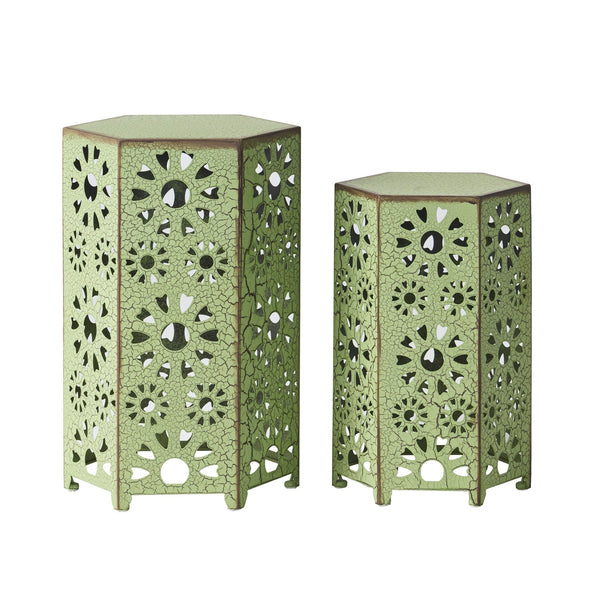 English Elm Eliana Outdoor Iron Nesting Side Tables with Sunburst Cutout and Crackle Finish Patio Accent Set Green 69740.00CGRN