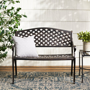 English Elm Spencer Cast Aluminum Outdoor Bench Antique Copper Finish Scrolled Arms Garden Patio 50327.00LVS