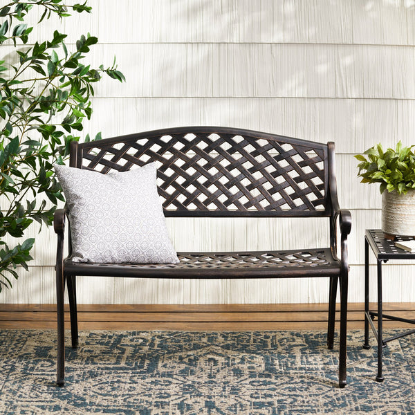 English Elm Spencer Cast Aluminum Outdoor Bench Antique Copper Finish Scrolled Arms Garden Patio 50327.00LVS