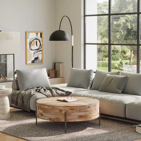 English Elm Rayburn Handcrafted Drum Coffee Table in Natural Mango Wood with Black Metal Legs, 38" Round, Modern Finish B136P159504