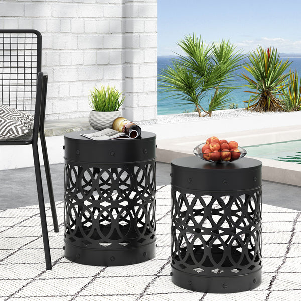 English Elm Outdoor Powder-coated Iron Nesting Accent Tables Set of 2 Laser-cut Circle Design Black 73606.00BLK