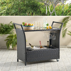 Christopher Knight Home® - Noble House - Bahama Outdoor Wicker Bar Cart with Tempered Glass Top