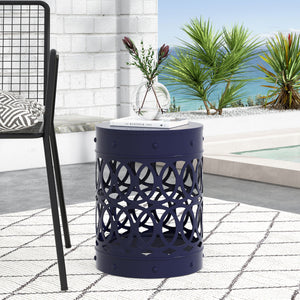 English Elm Outdoor Powder-coated Iron End Table with Geometric Cutout Design for Patio Lounging Navy Blue 73607.00NBLU