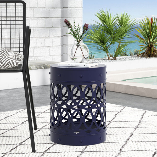 English Elm Outdoor Powder-coated Iron End Table with Geometric Cutout Design for Patio Lounging Navy Blue 73607.00NBLU