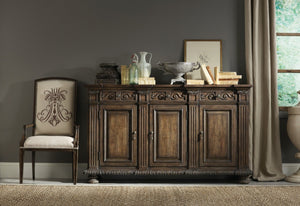 Hooker Furniture Rhapsody Stately 72" Credenza Buffet With Carved Acanthus Base, Distressed Walnut Finish, Storage Dark Brown 5070-85001