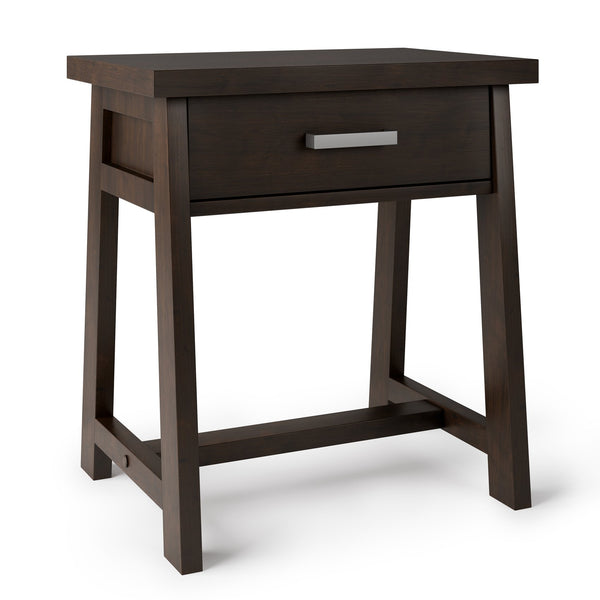 English Elm Sawhorse Handcrafted Bedside Table in Dark Chestnut Brown – Solid Wood, Drawer, Industrial Retro Design B136P159583