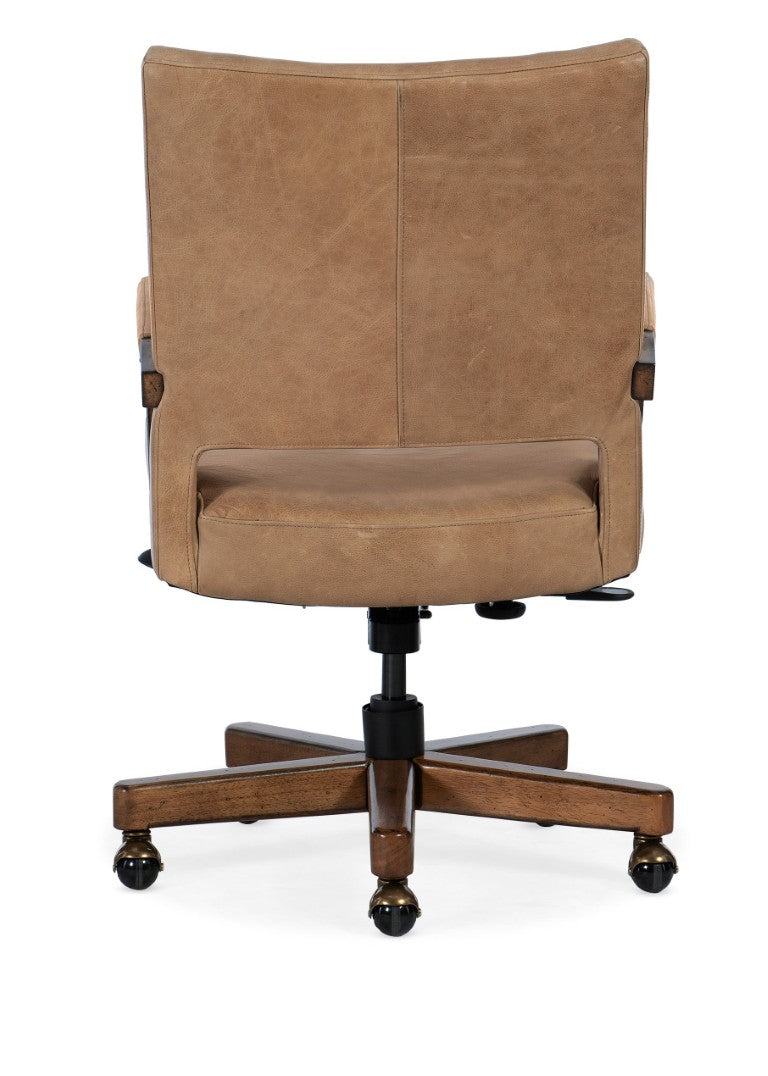 Hooker Furniture Chace Executive Swivel Tilt Chair With Top-Grain Aniline Leather, Wood Arms, Brass Nailhead Trim Light Brown EC422-088