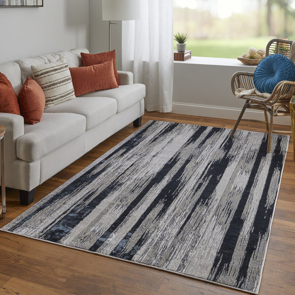 Feizy Rugs Micah Modern Abstract Area Rug - Durable Machine-made Soft Polyester For High Traffic Spaces Black,Silver,Gray Polyester,Polypropylene 6943338fblkslvf00