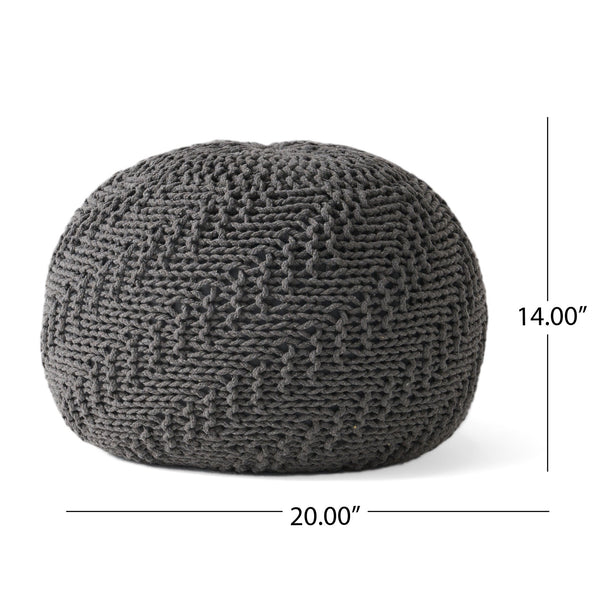 English Elm Christopher Knight Home® - Hazel Dark Grey Knitted Cotton Pouf 20"x20" Round — Handmade Eco-Friendly PET Yarn, Modern Texture 60495.00