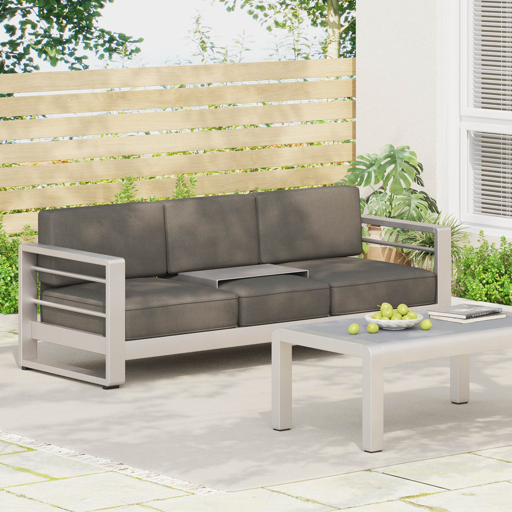 English Elm Christopher Knight Home® - CAPE modern 3-seater outdoor sofa with aluminum frame, convertible tray table, water-resistant cushions Gray 58981.00CUS