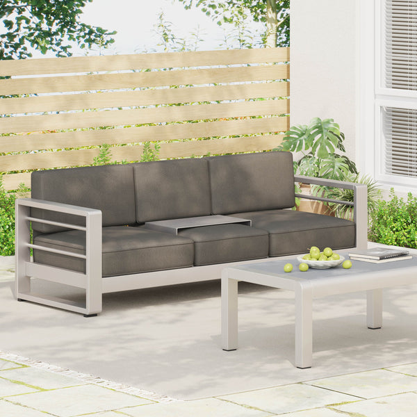 English Elm Christopher Knight Home® - CAPE modern 3-seater outdoor sofa with aluminum frame, convertible tray table, water-resistant cushions Gray 58981.00CUS