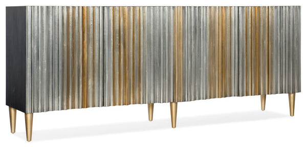 Hooker Furniture Melange Apollo Credenza With Two-Tone Aluminum Wrap, Sculptural Gold Legs & Media-Ready Storage For Large Rooms 638-85435-MTL