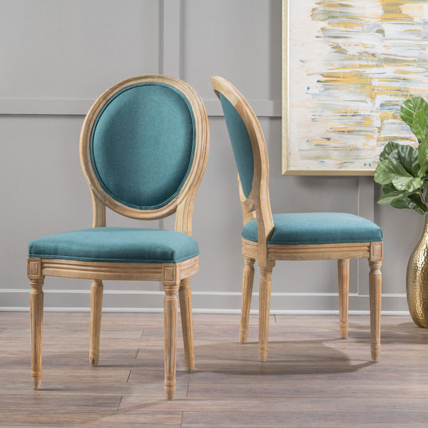 English Elm Kd French Country Rubberwood Dining Chairs Fluted Legs Padded Seat Set of 2 Teal 60352.00
