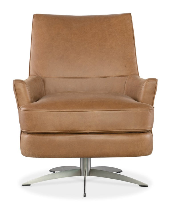 Hooker Furniture Sheridan Upholstered Swivel Chair In Nubuck Top Grain Denver Coffee Leather With Metal Base, 360° Light Brown CC715-SW-080