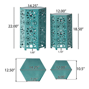 English Elm Eliana Outdoor Iron Nesting Side Tables with Sunburst Cutout and Crackle Finish Patio Accent Set Teal 69740.00CT