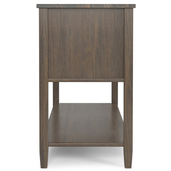 English Elm Ela Solid Wood Console Table Smoky Brown — Handcrafted, 2 Drawers, 2 Cabinets, Open Shelf, 48" Wide B136P158600