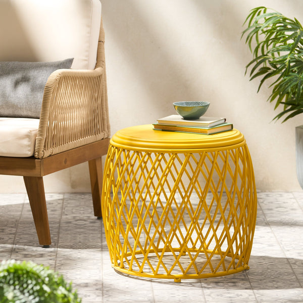 English Elm Alamera Lattice Iron Side Table Powder Coated Matte Finish for Indoor Outdoor Use 60745.00YLW