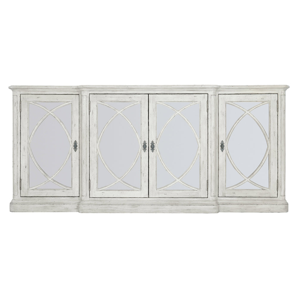 Bernhardt Bernhardt Mirabelle Buffet With Whitewashed Finish, Antiqued Mirrored Panels & Black Hardware — Stylish Storage 304132