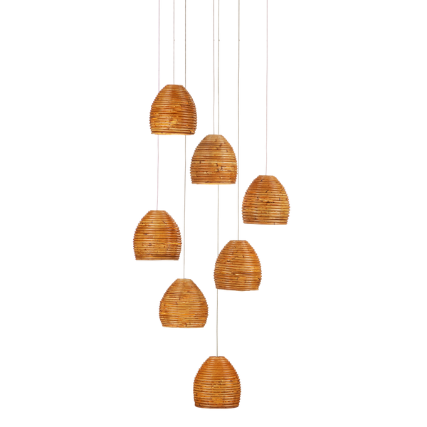 Beehive Rattan Multi-Drop Pendant Light - Modern Elegance with Warm Glow and Silver Canopy Finish