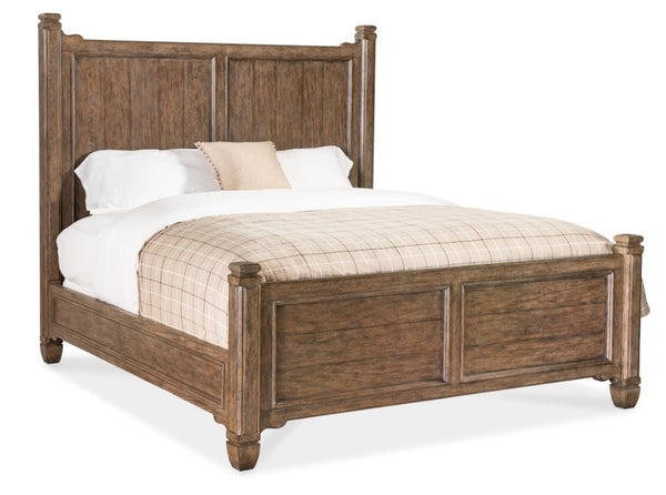 Hooker Furniture Americana King Panel Bed With Distressed Daisy Finish, Planked Headboard, Carved Scrollwork Accents Medium Wood 7050-90266-85