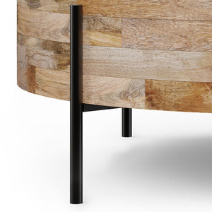 English Elm Rayburn Handcrafted Drum Coffee Table in Natural Mango Wood with Black Metal Legs, 38" Round, Modern Finish B136P159504
