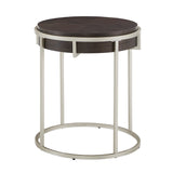 Homelegance By Top-Line Piper Round End Table with Champagne Silver Metal Base Walnut Engineered Wood