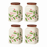 Holiday Spice Jars - Set of 4, Porcelain Holly Design with Wooden Lids, Hand Wash Only