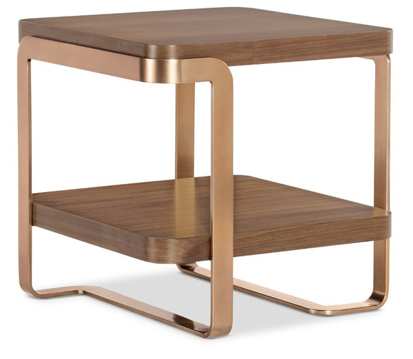 Hooker Furniture Eleana Light Caramel Walnut End Table With Sunlit Bronze Base, Sculptural Shelf For Stylish Storage 7252-80313-85