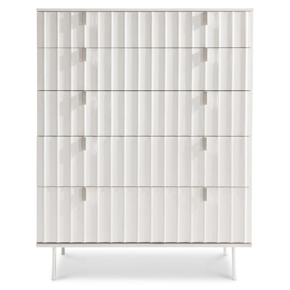 Bernhardt Bernhardt Fluted Modulum Tall Drawer Chest – White Adobe Faux-Stone, Polished Steel Base, 5 Soft-Close Drawers 315118