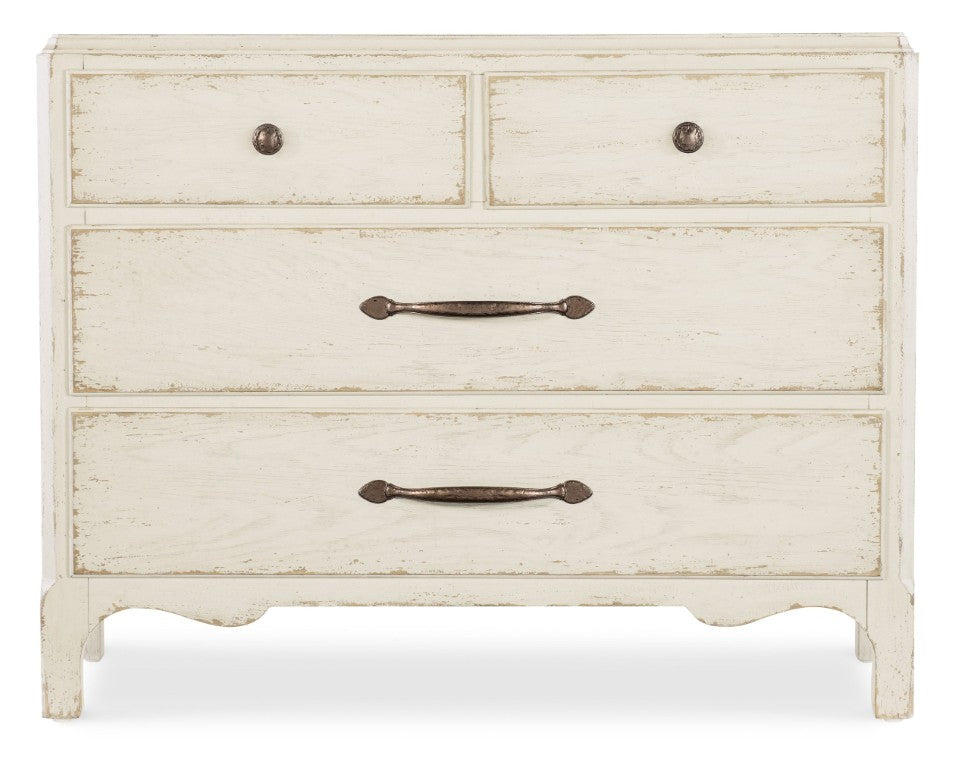 Hooker Furniture Americana Distressed Bachelor Chest With Scalloped Base, Antique Bronze Pulls, 4 Self-Closing Drawers, Timeless Appeal Whites/Creams/Beiges 7050-90217-02
