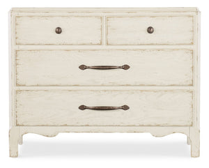Hooker Furniture Americana Distressed Bachelor Chest With Scalloped Base, Antique Bronze Pulls, 4 Self-Closing Drawers, Timeless Appeal Whites/Creams/Beiges 7050-90217-02